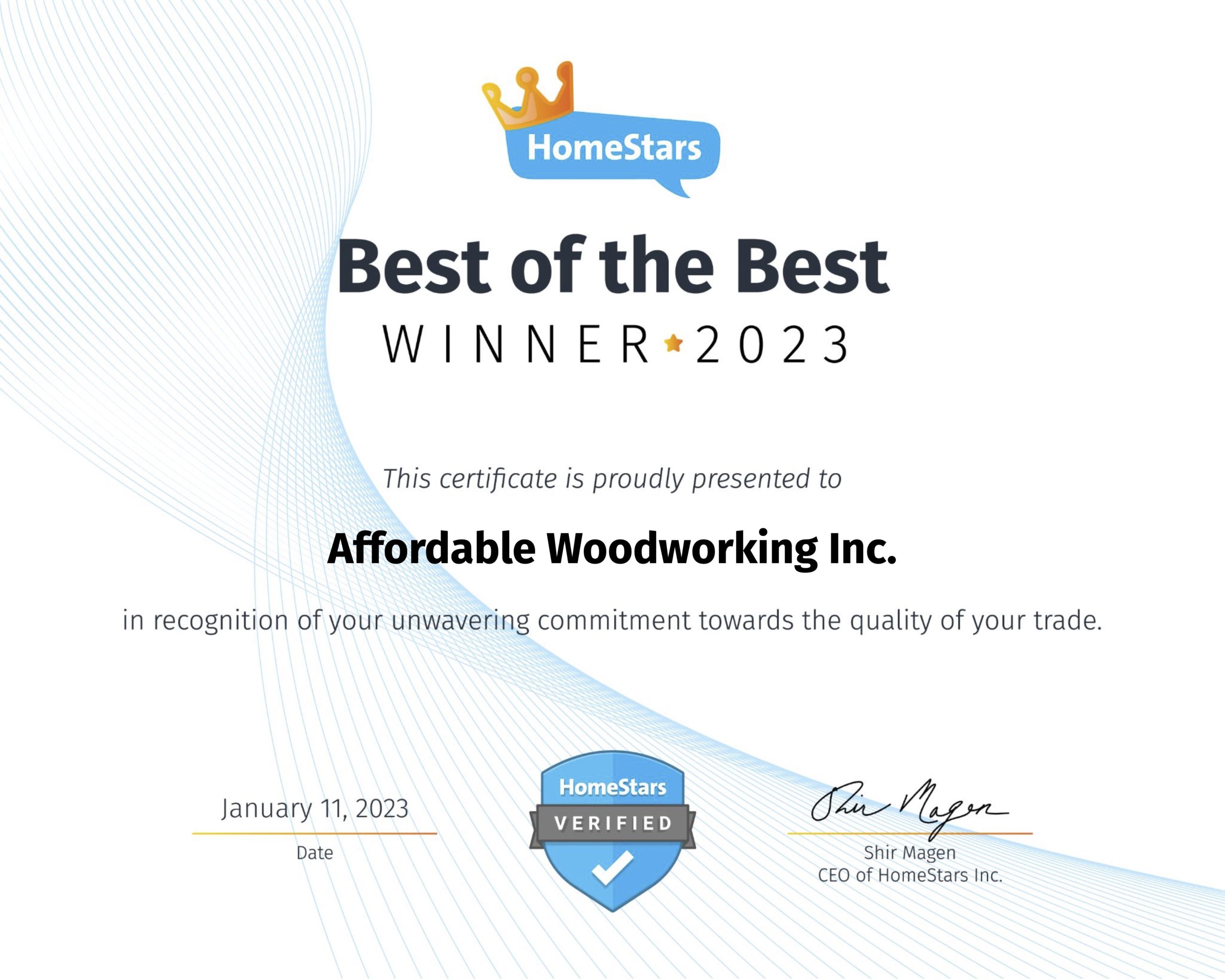 HomeStars Best of the Best Award Winner 2023 Certificate