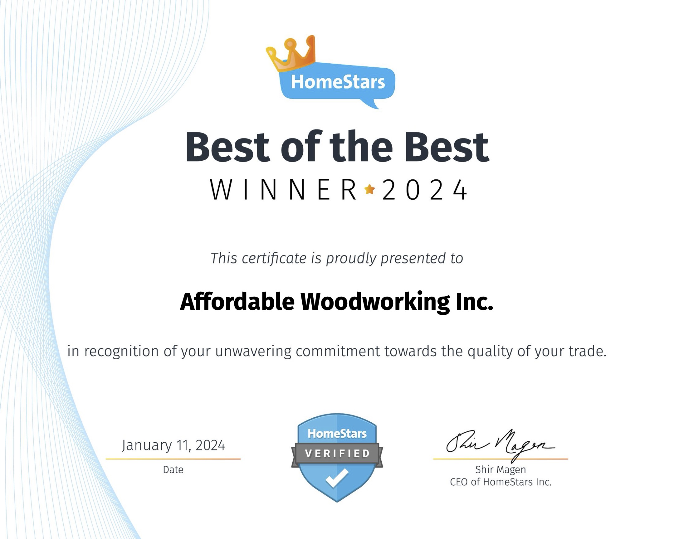 HomeStars Best of the Best Award Winner 2024 Certificate